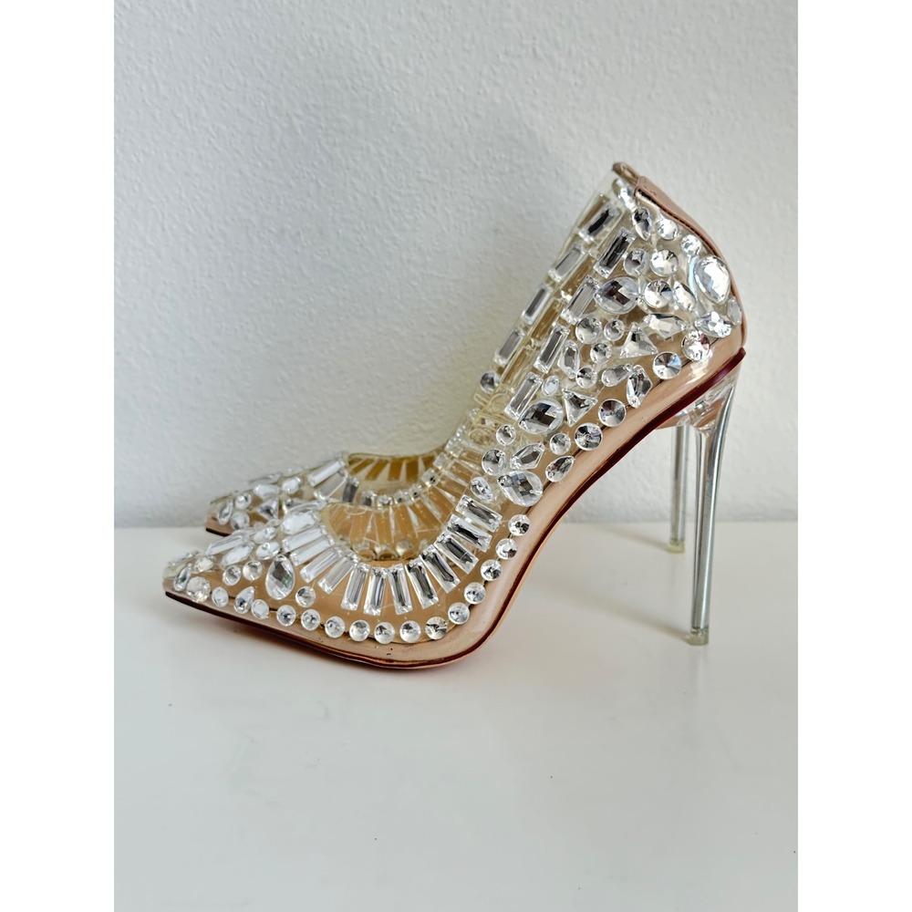 Azalea Wang Crystal Embellished Clear PVC Pointed Toe Stiletto Pumps Tan SZ 7.5